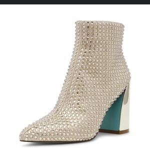 Betsey Johnson Cream Heeled Boots with Crystal Embellishments